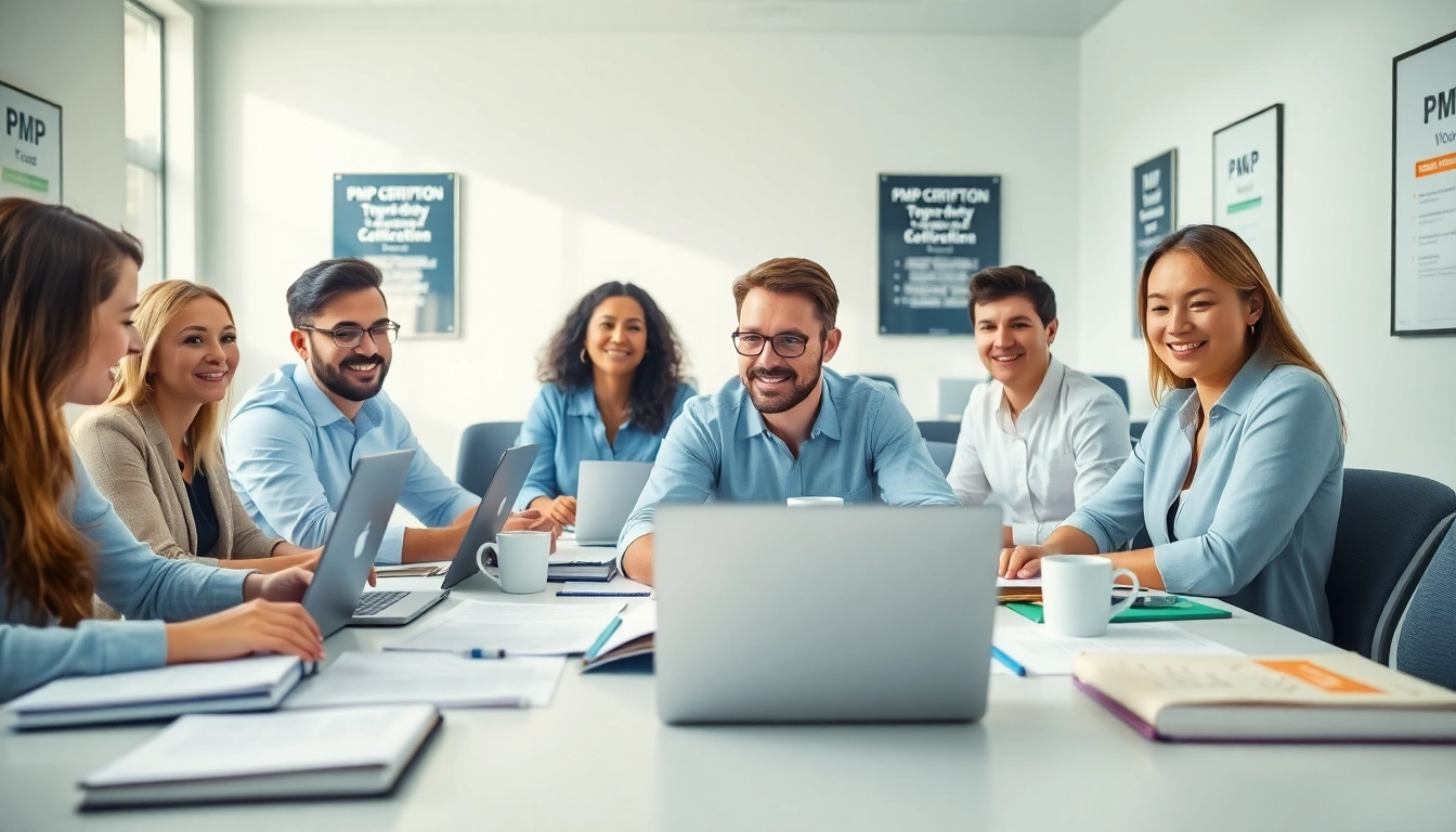 PMP certification cost discussed by diverse students in a bright study session.