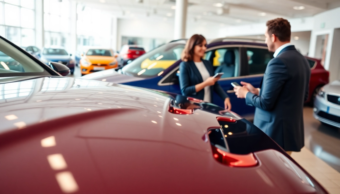 Engaging scene of a Competitive car Part Exchange at a dealership with customers and cars.