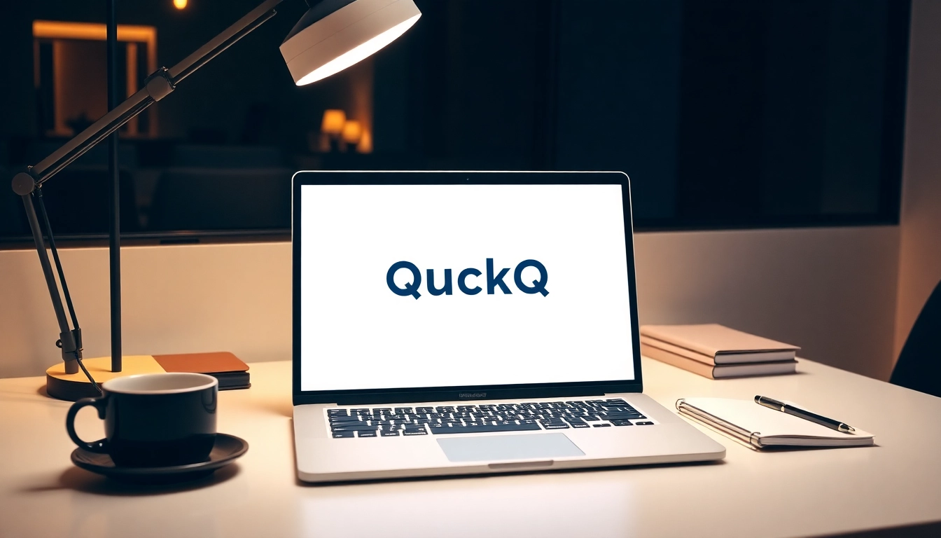 Discover the features of quickq官网 on a sleek laptop in a modern office setting.