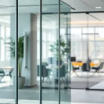 Showcase of movable glass partitions enhancing a modern office environment.