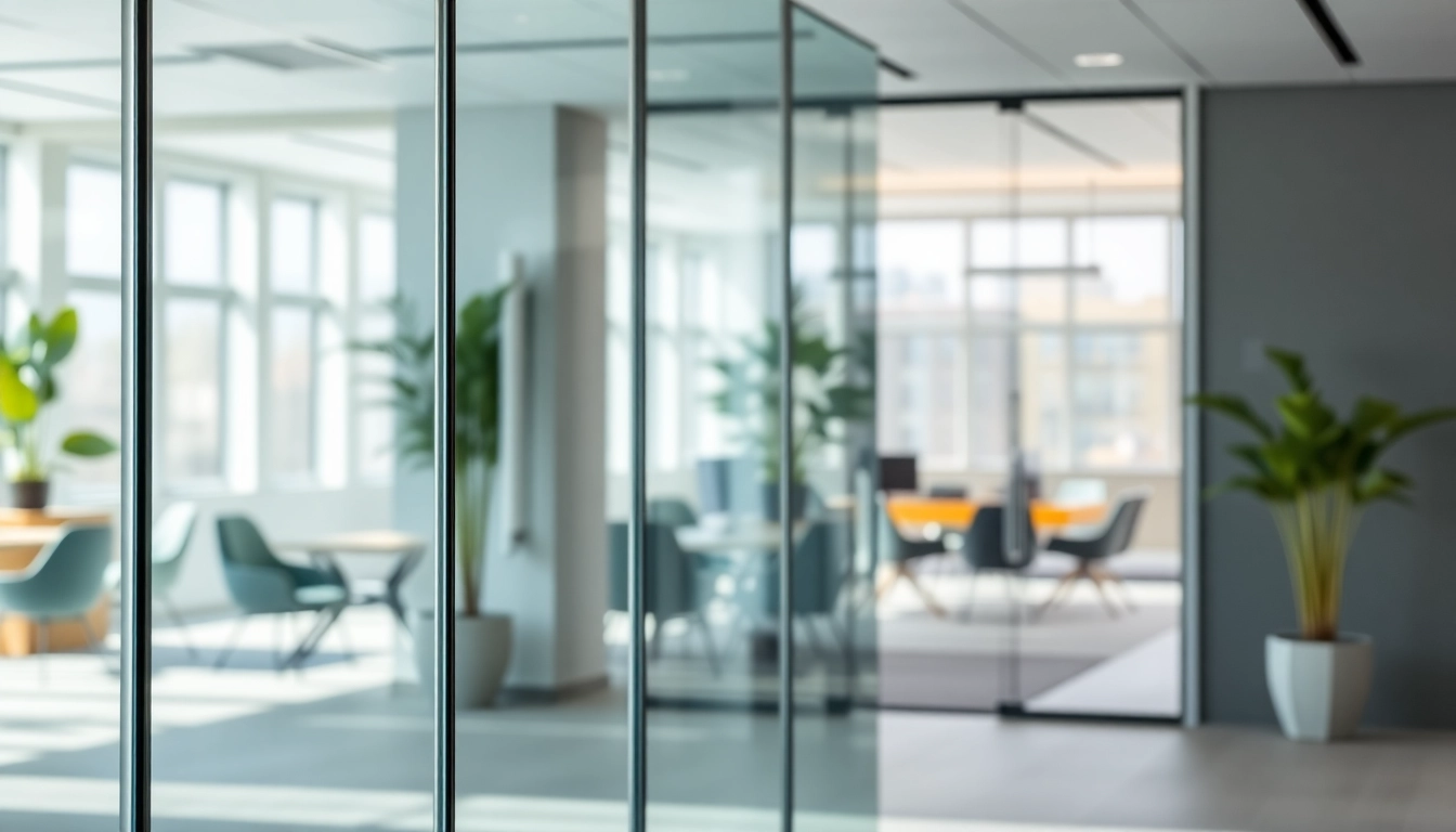 Showcase of movable glass partitions enhancing a modern office environment.