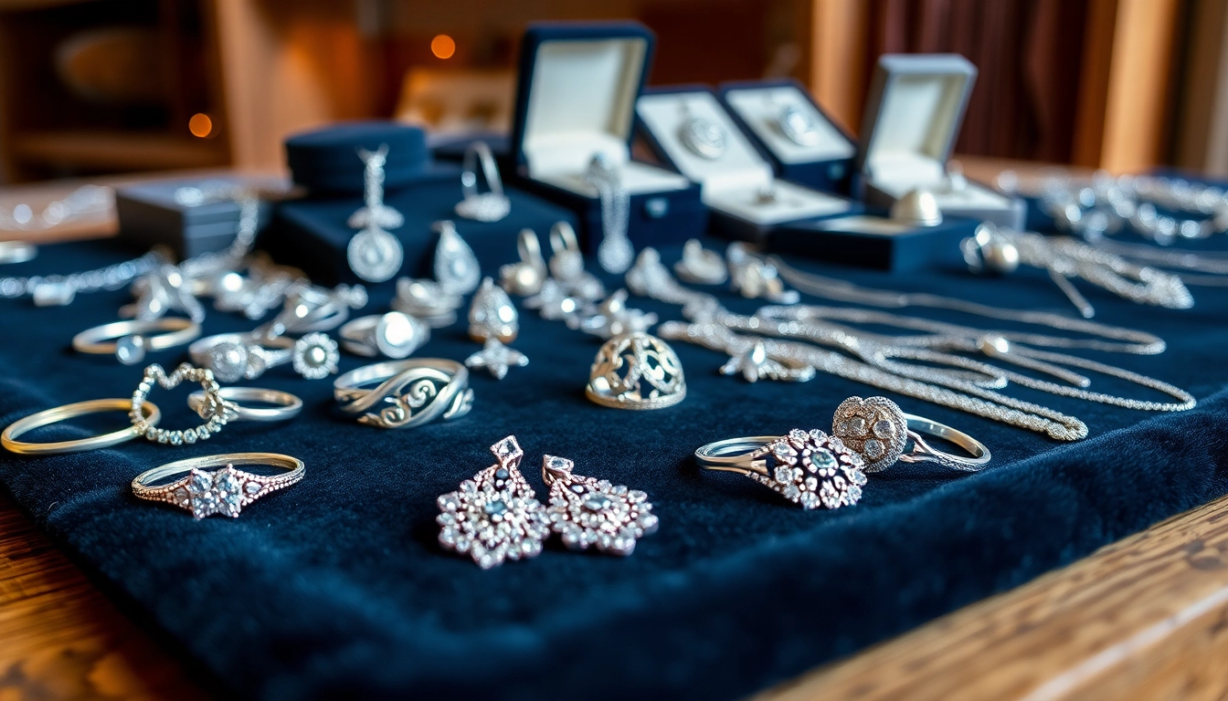 Showcasing exquisite silver jewelry including rings, necklaces, and earrings on velvet cloth.