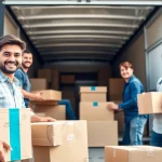 Efficient cheap movers packing boxes into a professional moving truck outside a suburban home