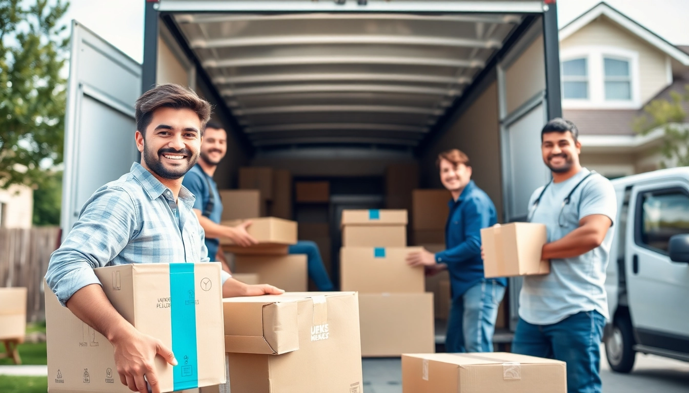 Efficient cheap movers packing boxes into a professional moving truck outside a suburban home