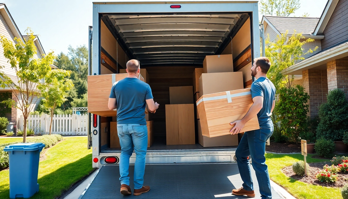 Cheap movers facilitating a smooth moving process by unloading furniture from a truck in a friendly neighborhood.