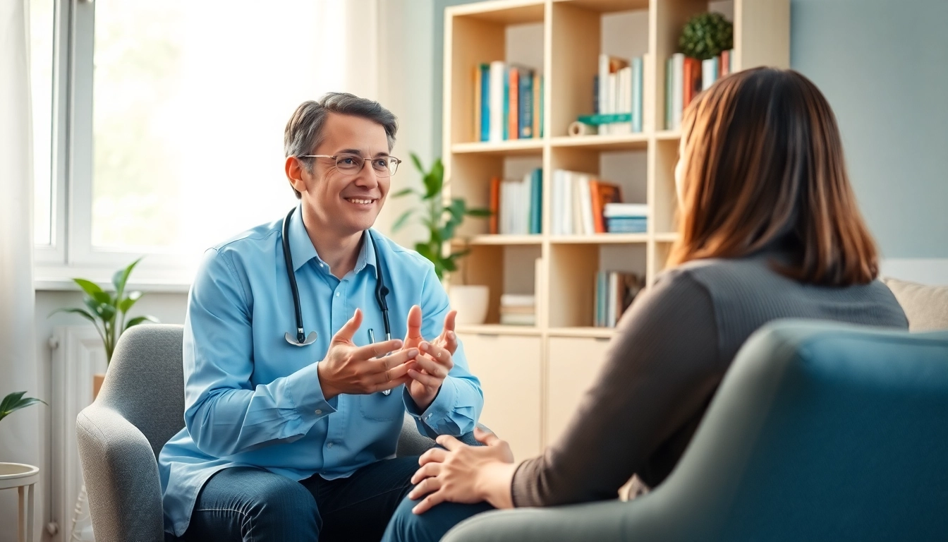 Therapist guiding a client in dealing with anxiety in a calming office setting.