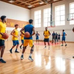 Engage in basketball training programs near me with youth athletes honing their skills in an indoor gym.
