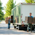 House moves showcased through a professional moving truck and cheerful movers handling furniture.