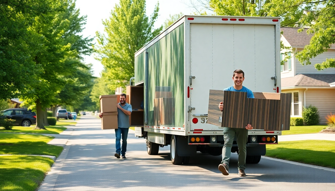 House moves showcased through a professional moving truck and cheerful movers handling furniture.