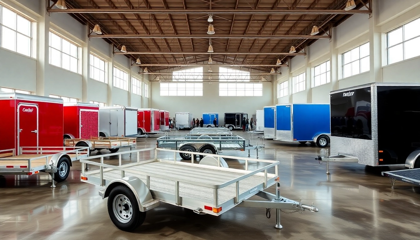 Browse various trailers for sale in Massachusetts displayed in a vibrant showroom setting.