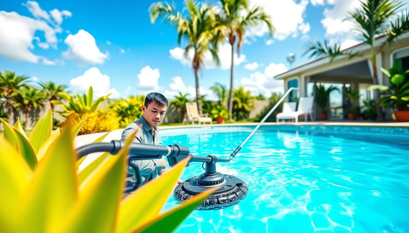 Pool service Largo professional cleaning a residential swimming pool, showcasing sparkling water and tropical plants.