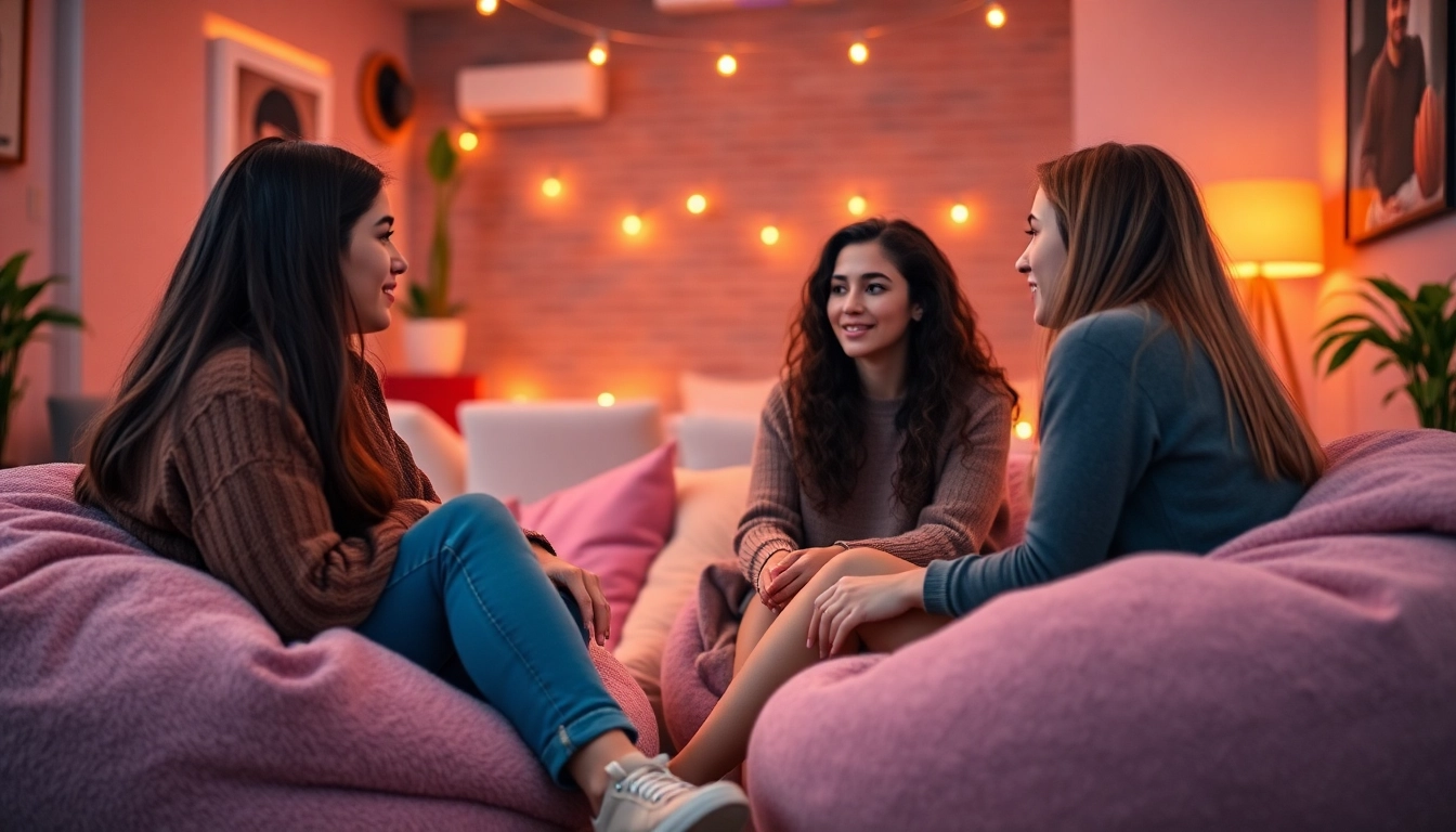 Engaging young women in شات بنات conversation within a cozy chat room setting.