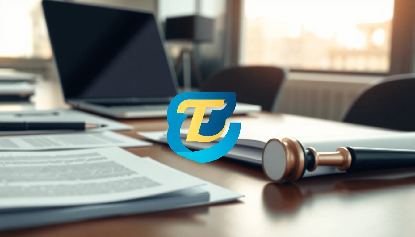 Showcase a trademark logo prominently displayed on a modern desk with legal documents, emphasizing brand registration.