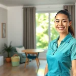 Expert bond cleaning Brisbane service showcasing spotless apartment surfaces and professional cleaner.
