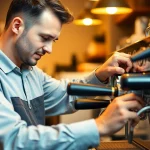Cimbali service technique in action: technician repairing espresso machine components effectively.