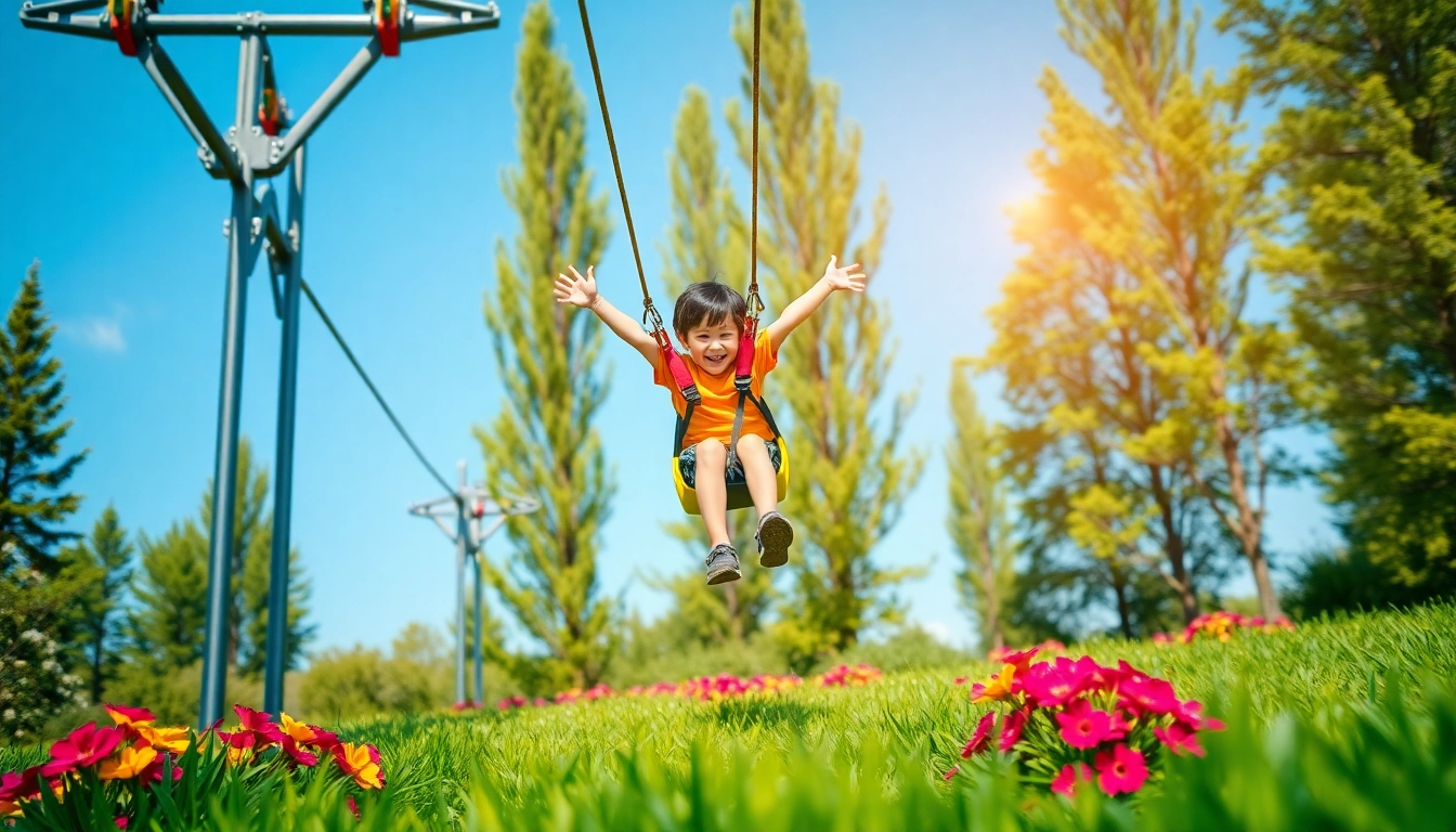 Experience the thrill of the GARDEN ZIP WIRE KIT with a child soaring above vibrant flowers and greenery.