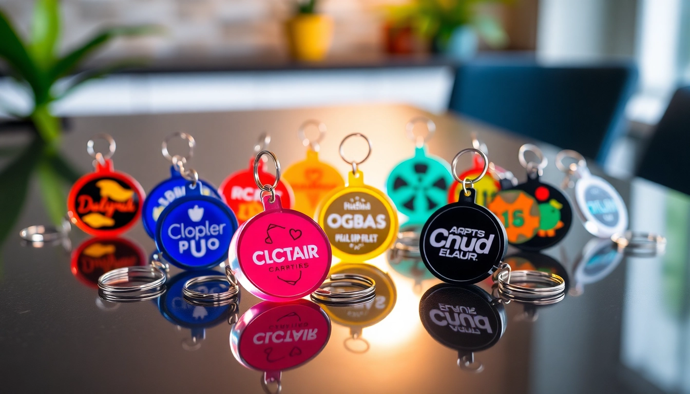 Showcasing vibrant acrylic keychains on a modern surface, emphasizing their unique designs.