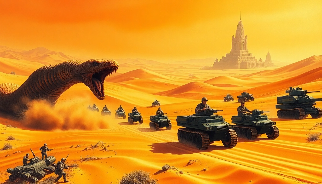 Dune 2 download adorned with vintage video game landscape, featuring iconic sandworm and soldiers battling.