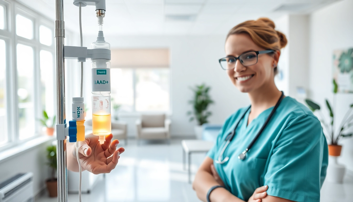 NAD+ IV therapy near me being administered in a serene clinic environment.