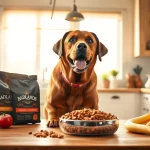 Feeding a happy Labrador retriever badlands ranch dog food with fresh ingredients in a sunny kitchen.