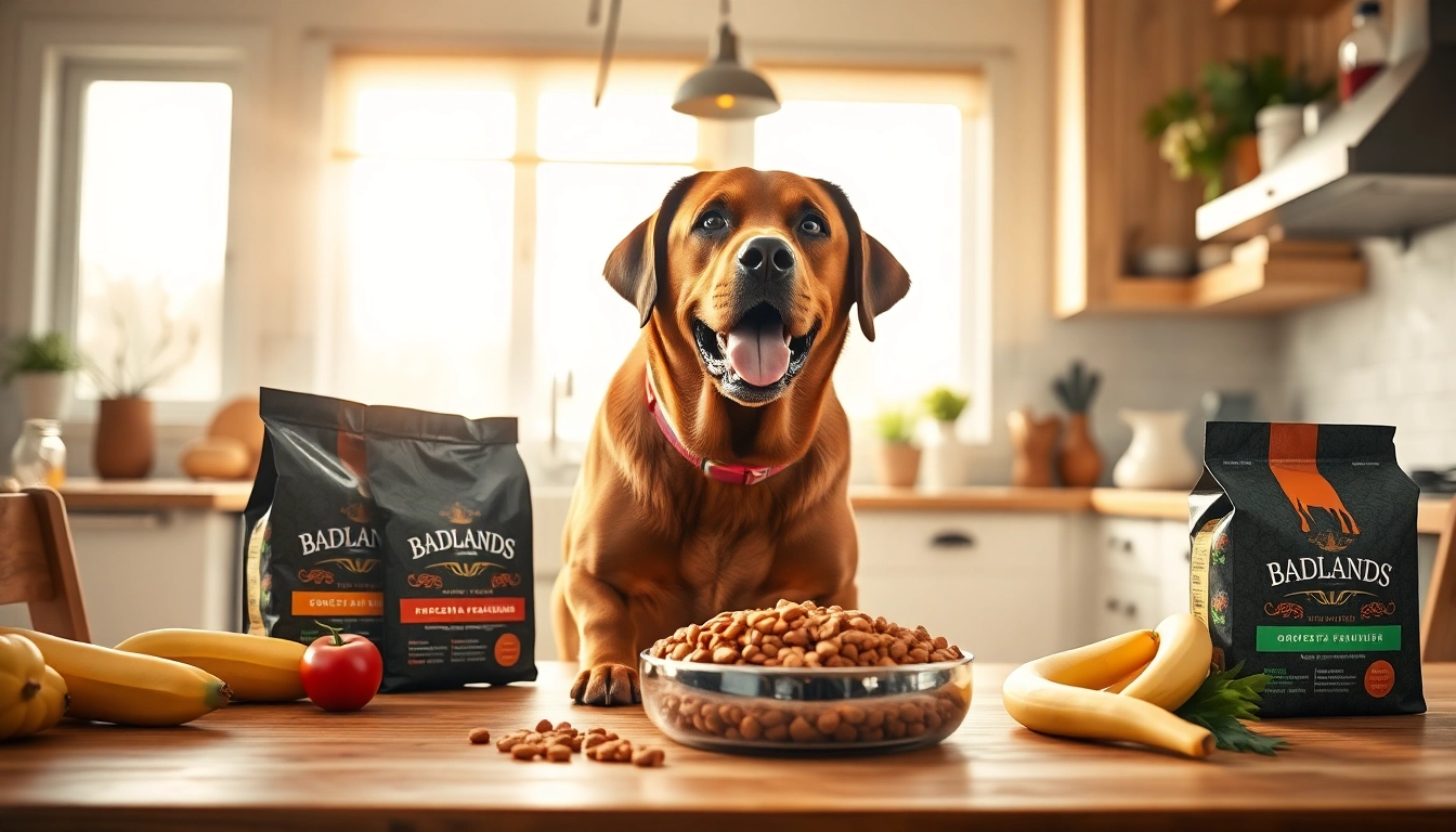 Feeding a happy Labrador retriever badlands ranch dog food with fresh ingredients in a sunny kitchen.