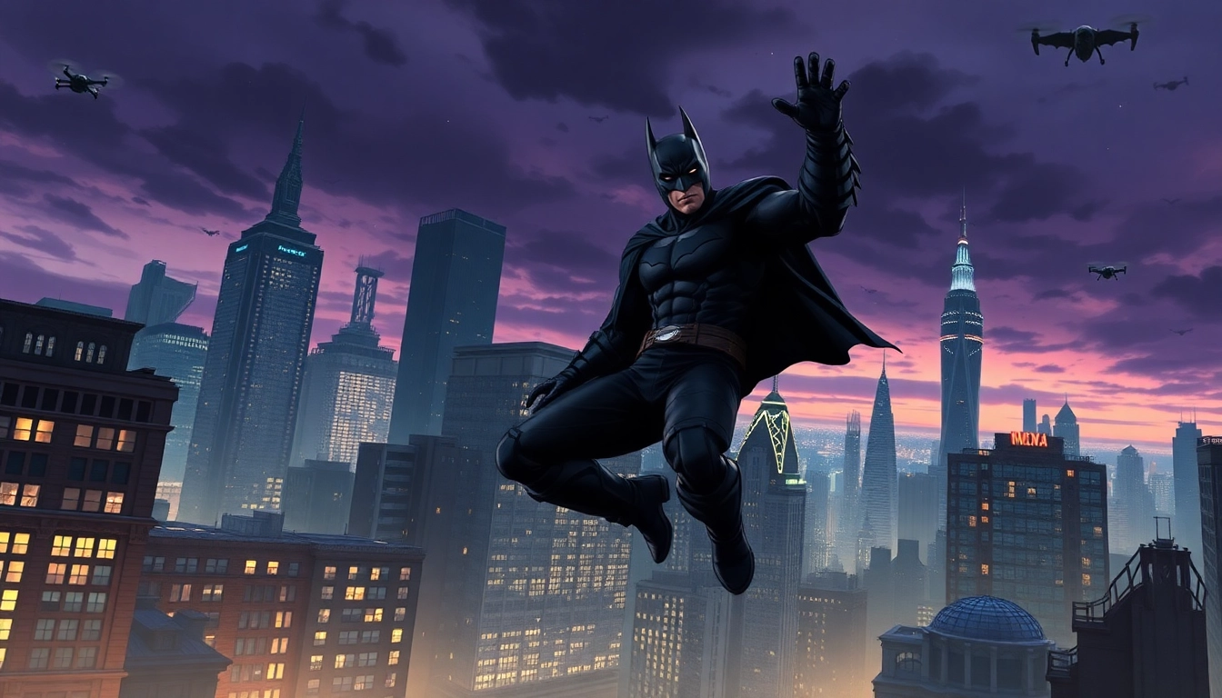 Menggambarkan game batman138 dengan karakter heroik di Gotham City yang futuristik.