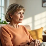 Frau mit Wechseljahrsbeschwerden sitzt entspannt in ihrem Wohnzimmer.