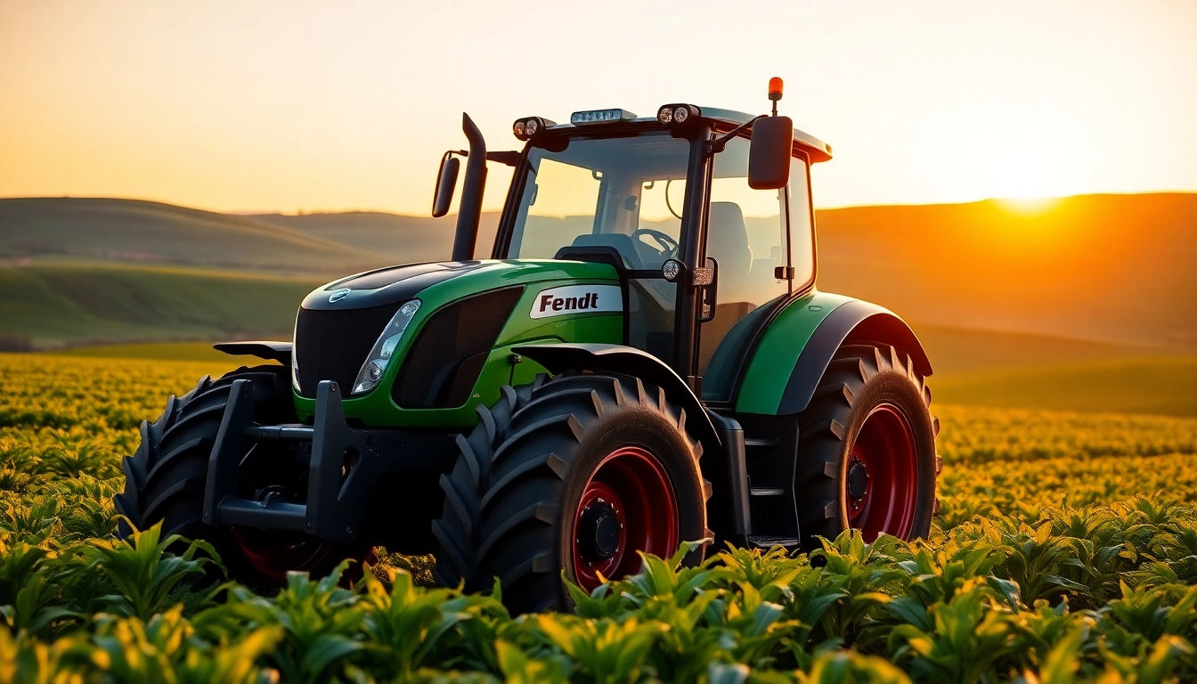 FendtTraktor inmitten eines grünen Feldes und bei Sonnenuntergang, das modernes landwirtschaftliches Design zeigt.