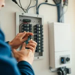 Technician installing an Electrical Panel with organized circuit breakers in a modern home.