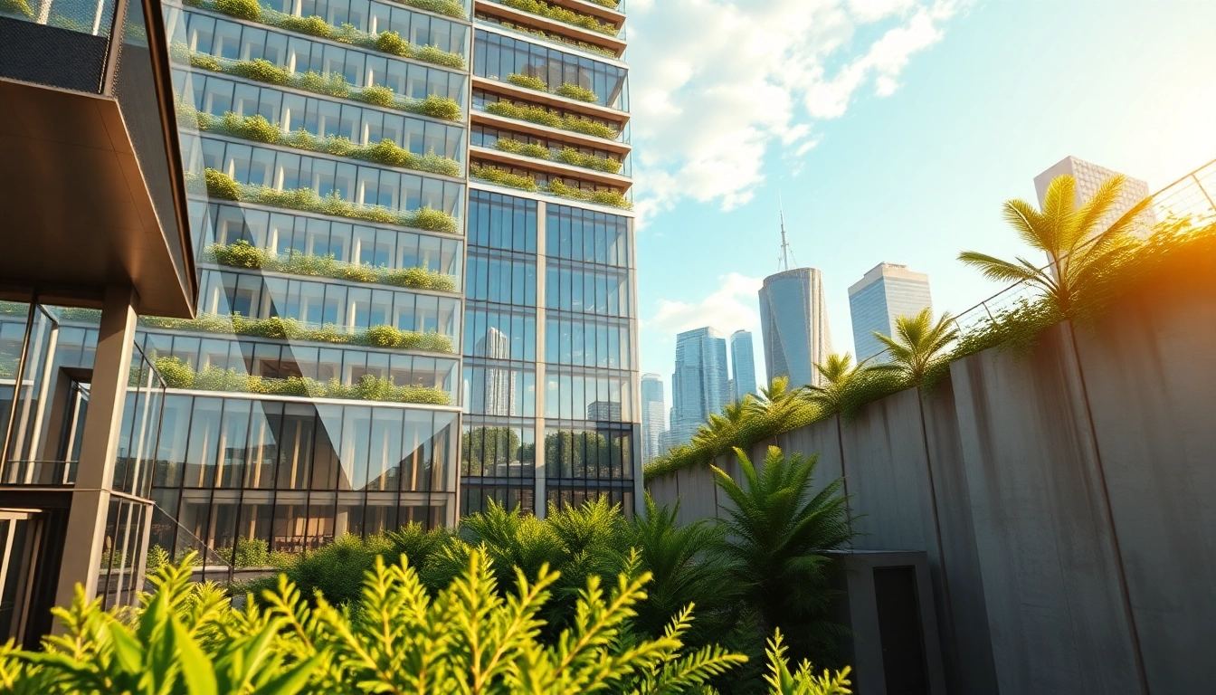 3D Visualisierung eines modernen Architekturdesigns mit urbanem Stadtbild.