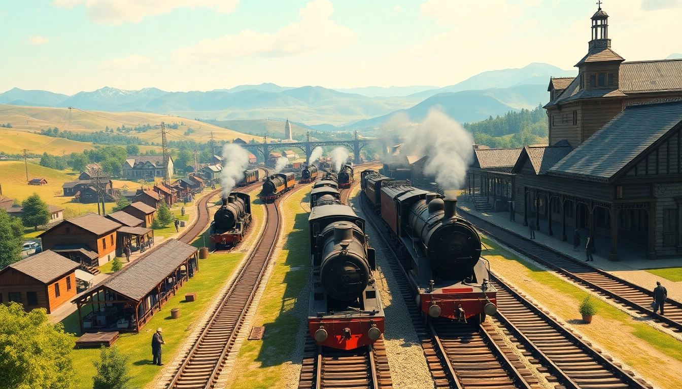 Experience the excitement of railroad tycoon free download amid a vintage railway landscape with trains and stations.