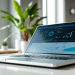 Analyze text with an AI detection tool on a laptop in a modern office setting.