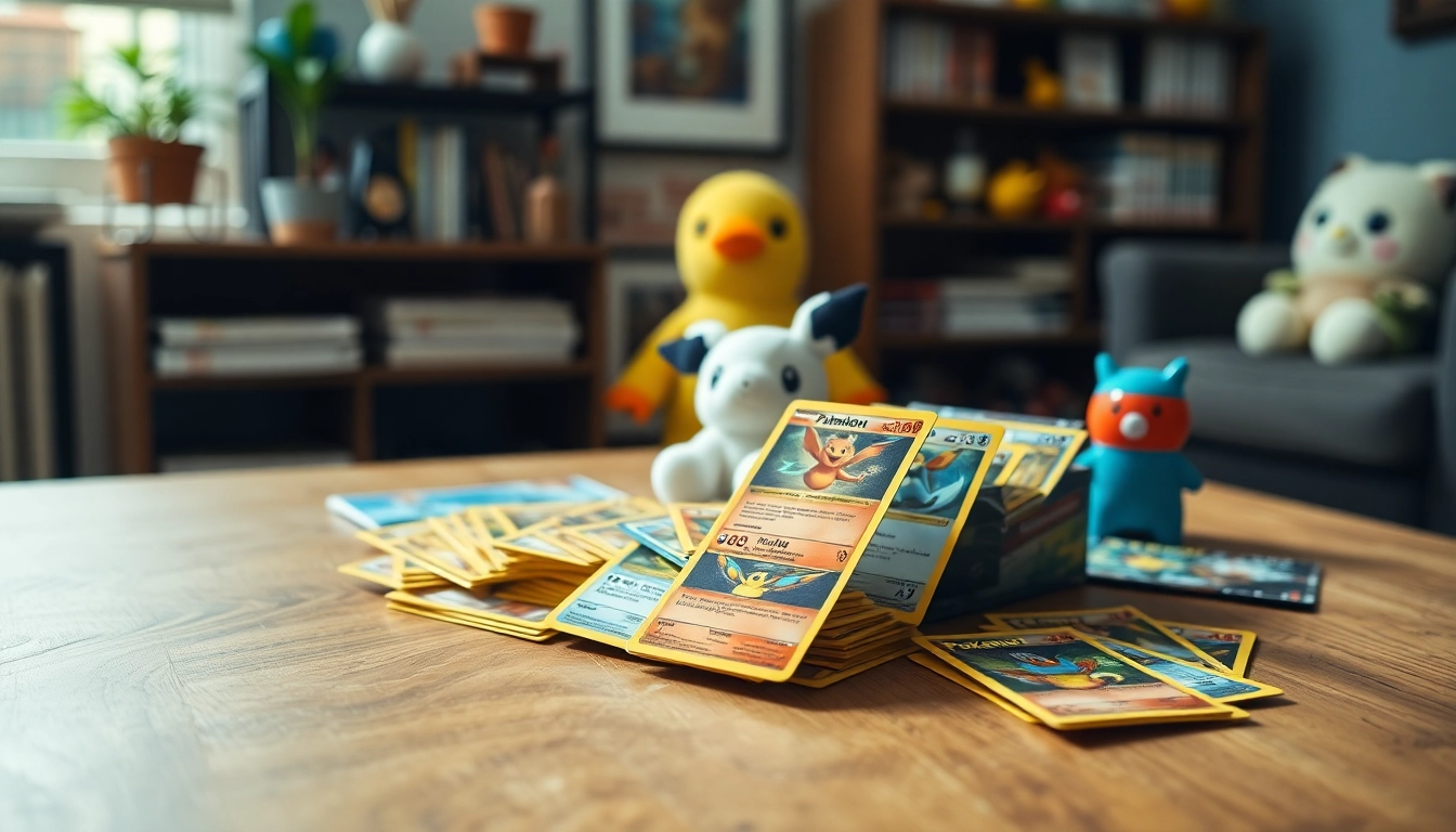 Showcase of Real Pokemon cards in India displayed elegantly on a table with vibrant colors and cozy atmosphere.