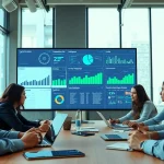 Analyze data on ai for competitive intelligence in a modern office with collaborative teams.