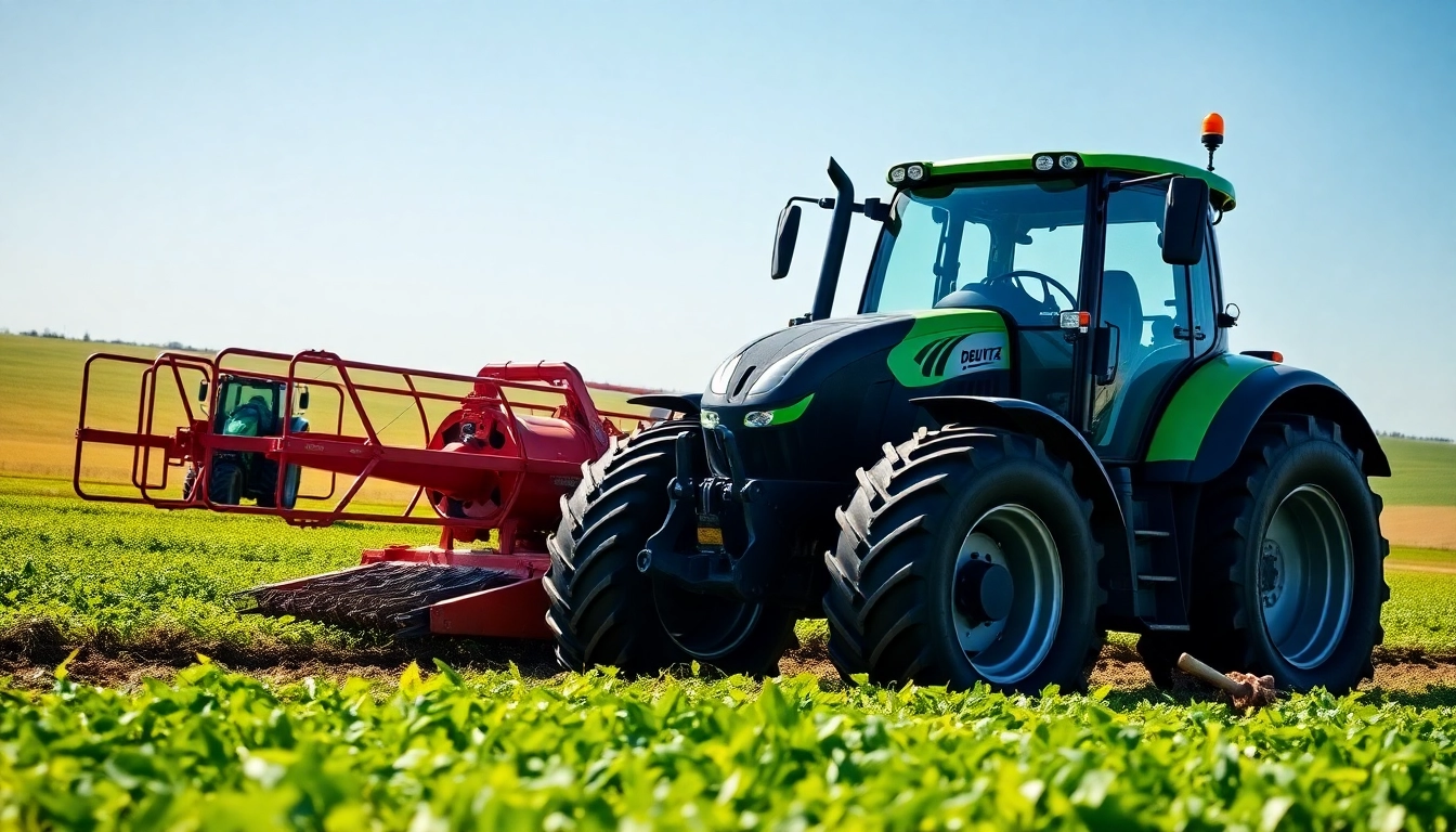 Deutz Fahr Traktor im Einsatz auf einem weitläufigen Feld, das seine Robustheit demonstriert.