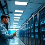 Technician optimizing network infrastructure in a modern server room with high-tech equipment.