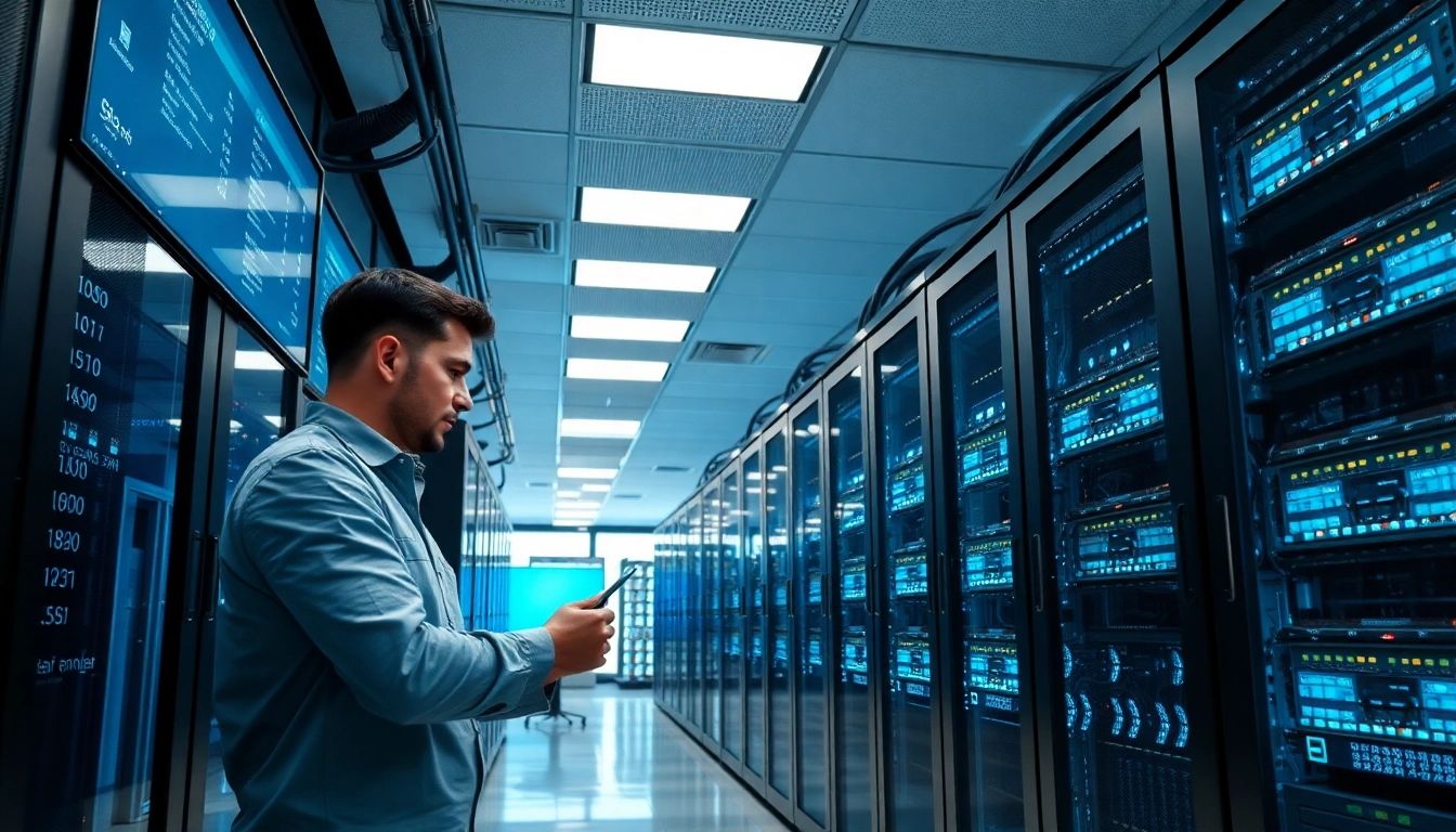 Technician optimizing network infrastructure in a modern server room with high-tech equipment.