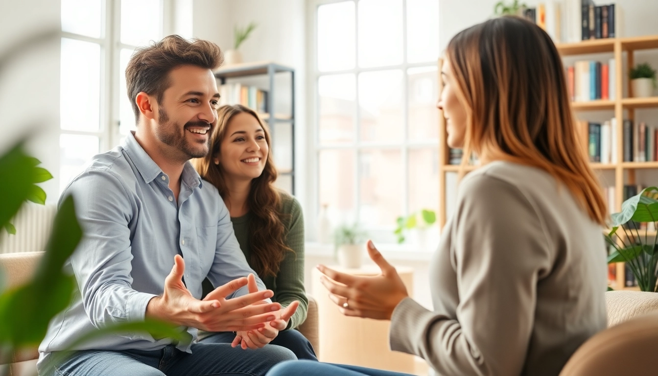Empathetic relationship coach facilitating a counseling session with a couple.