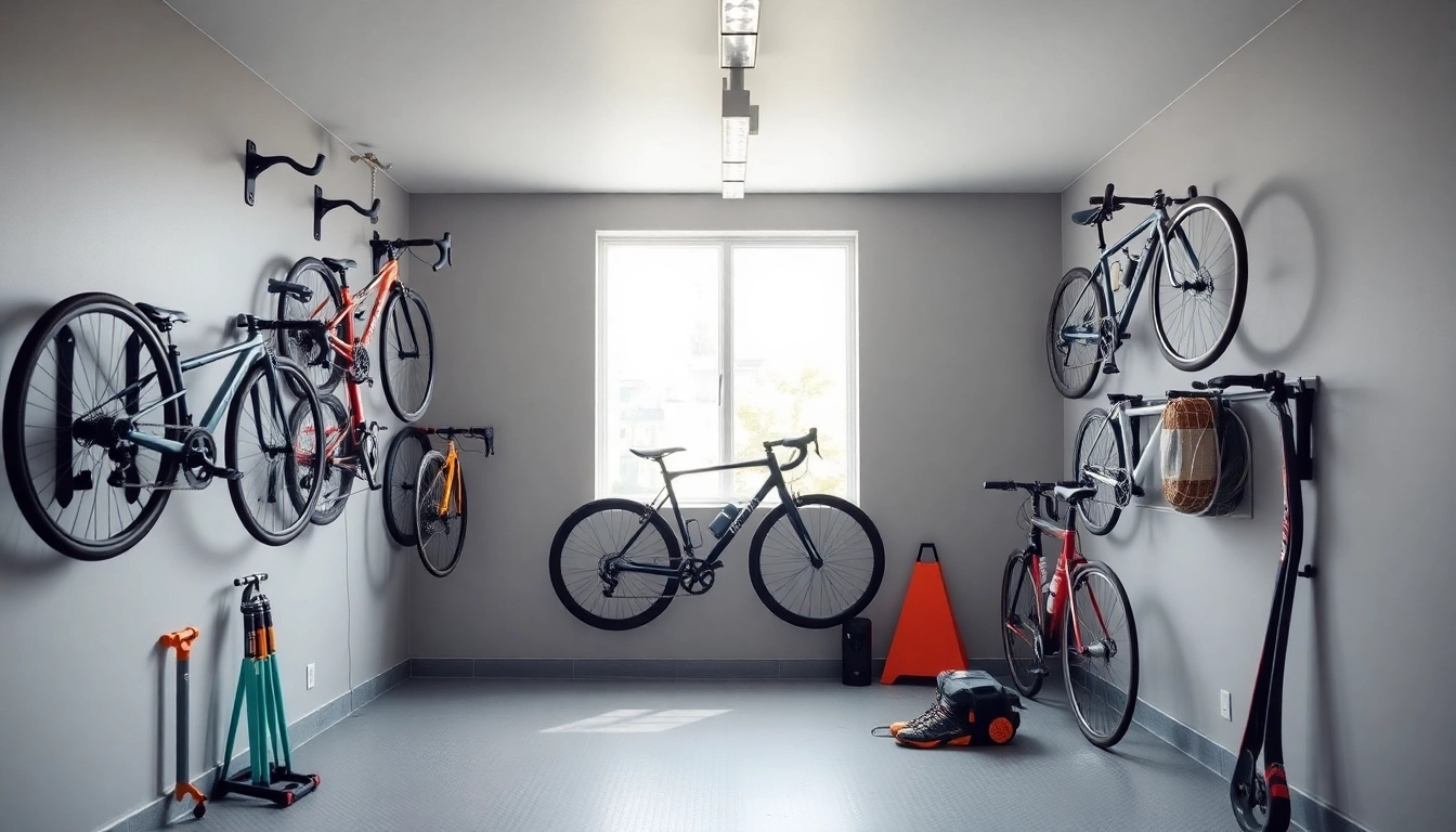 Efficient compact bike storage in a modern garage showcasing stylish organization.