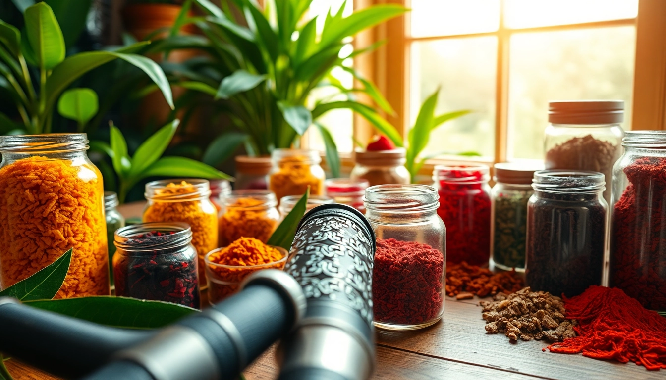 Showcase of shisha hookah flavors in vibrant jars alongside an intricately designed hookah pipe.