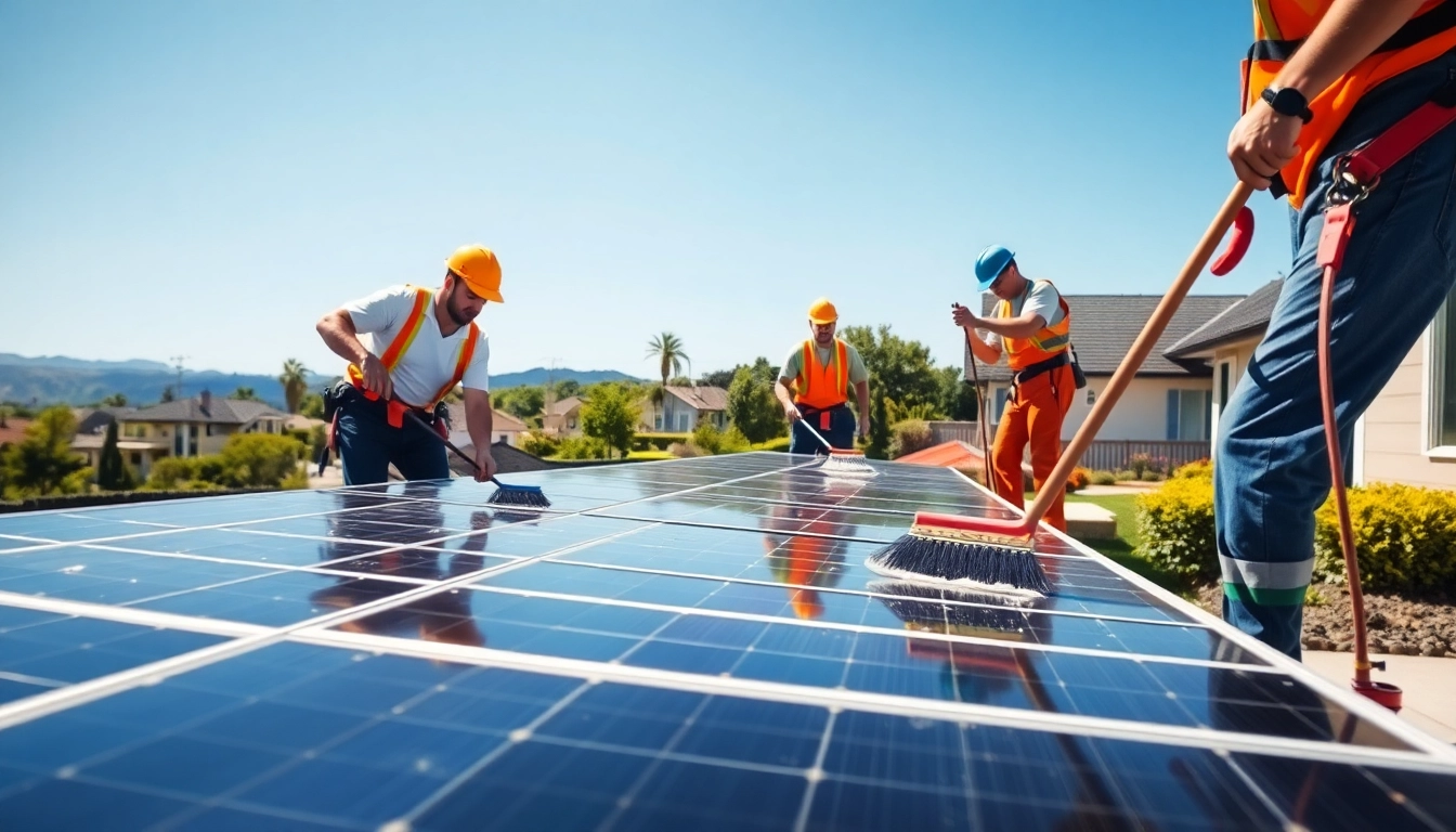 Solar panel cleaning services Phoenix team efficiently cleaning solar panels on a sunny day