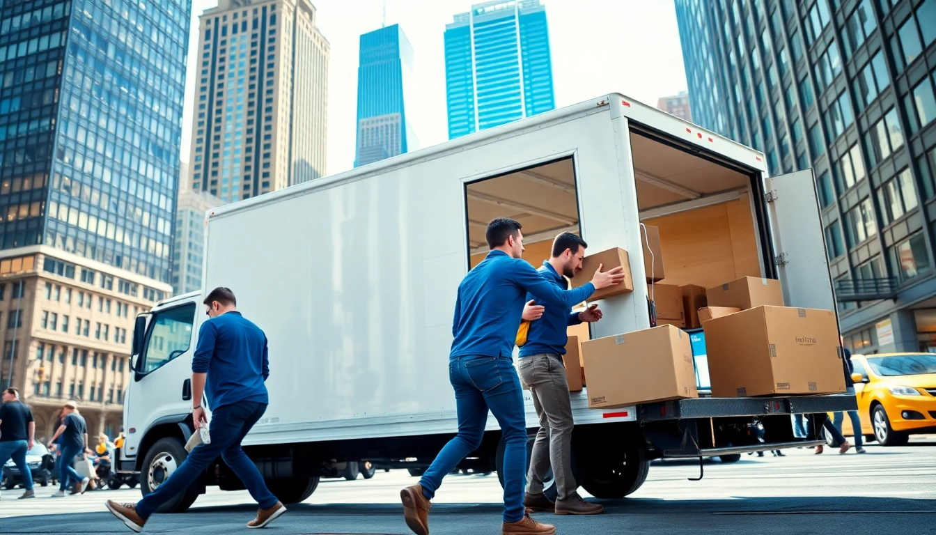 Movers assisting with loading services from a professional Moving company nyc on a bustling NYC street.