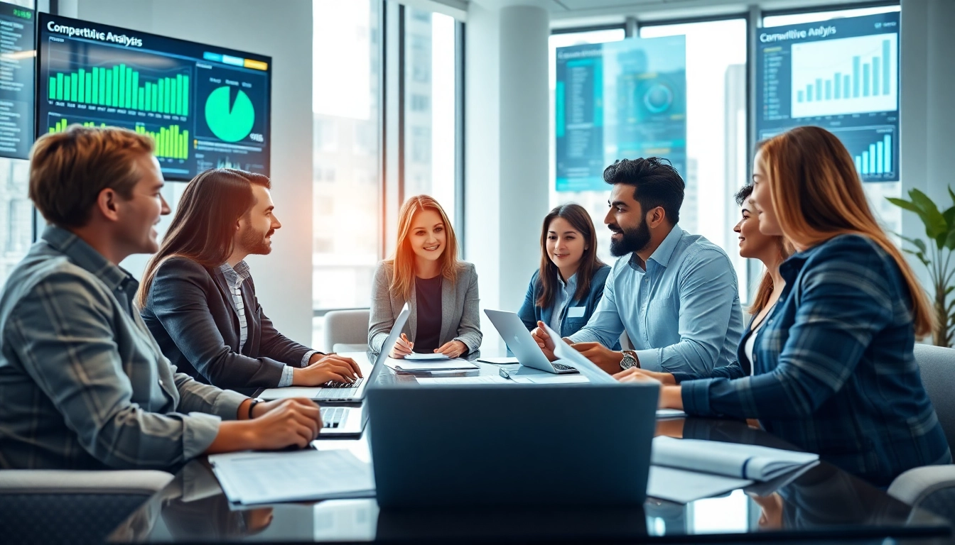 Sales team using competitive intelligence for sales strategies in a collaborative office.