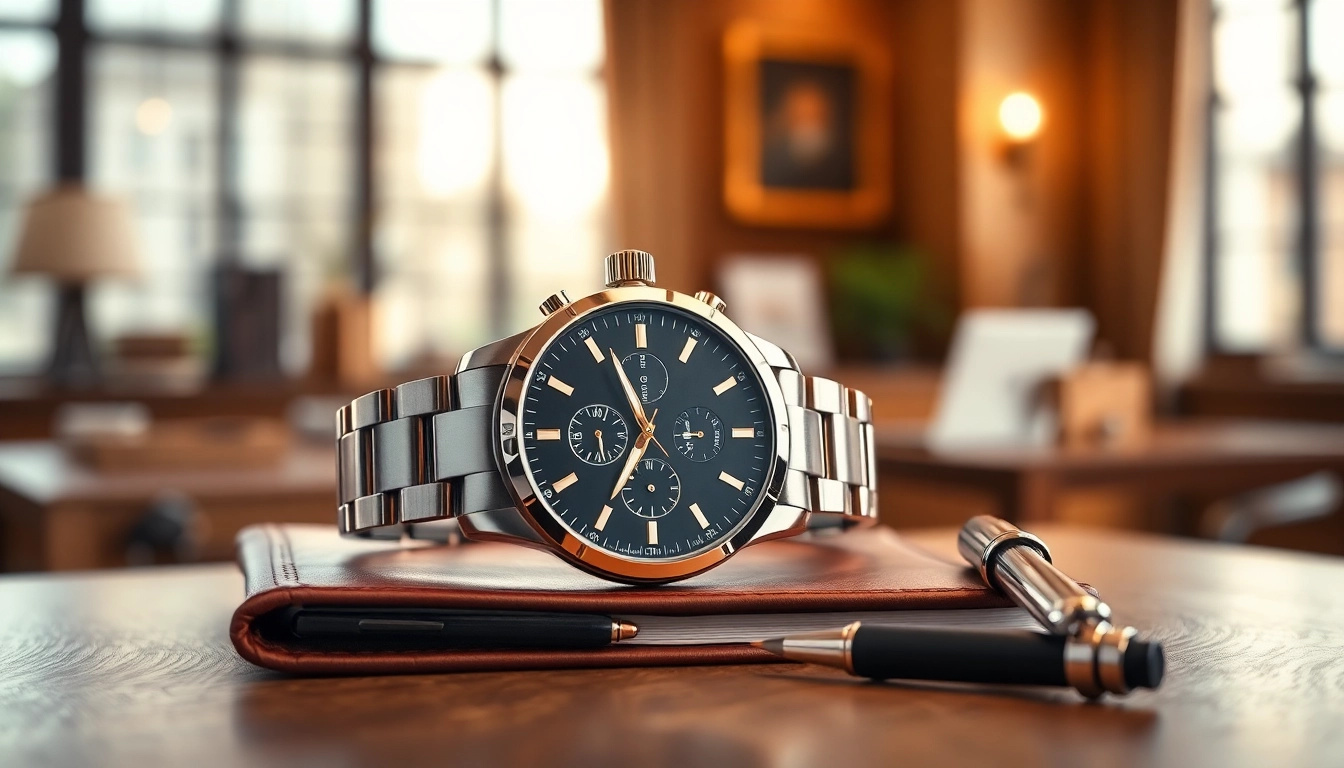 Herren Armbanduhr elegant und hochwertig auf einem Tisch mit Notizbuch promppt.