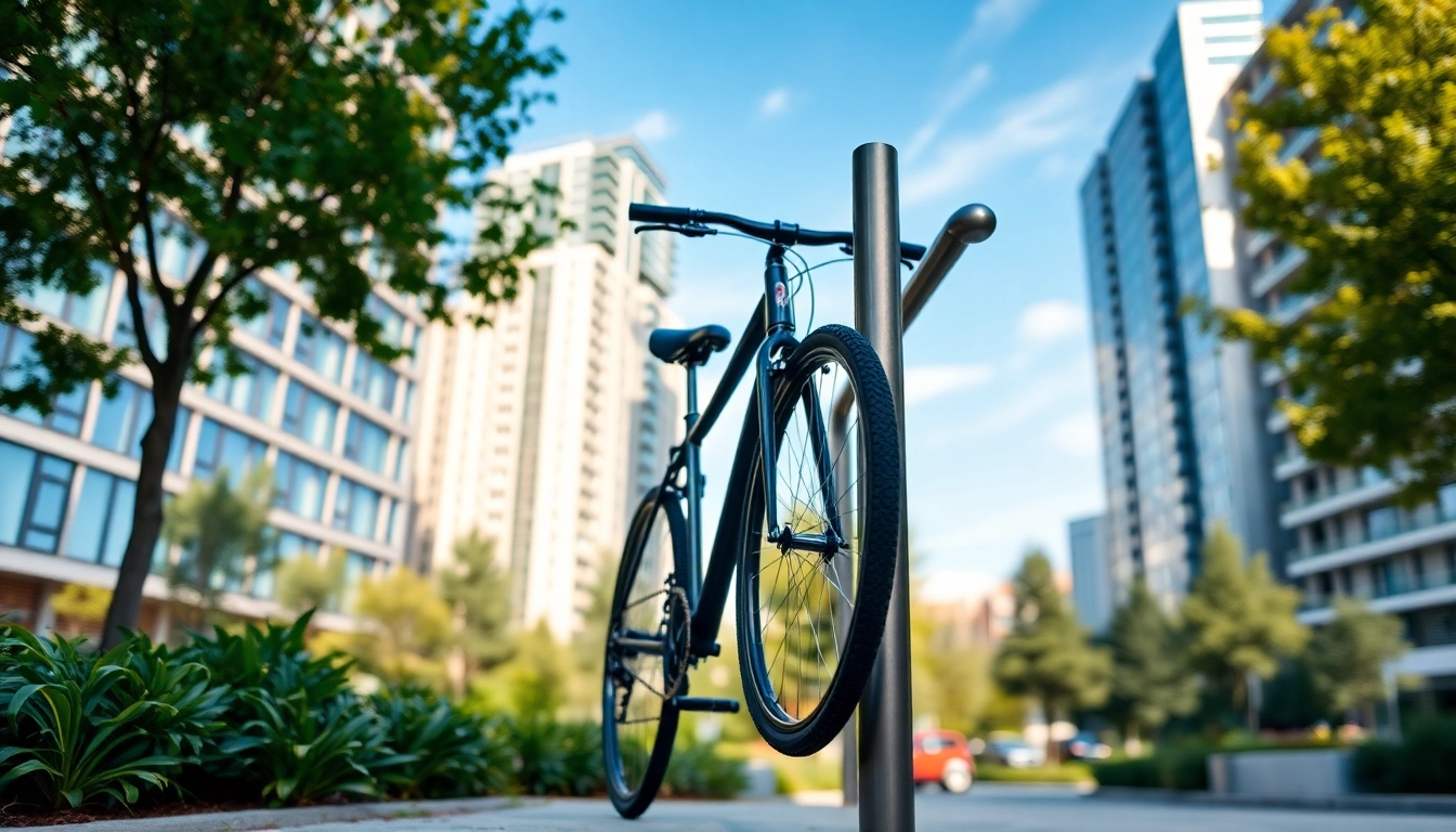Showcasing a designer bike rack as part of an urban landscape, enhancing bike parking experience.