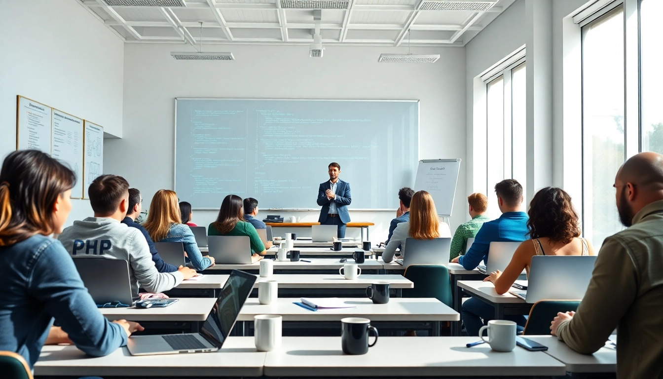 Engaging PHP web development course session with students coding actively in a classroom.