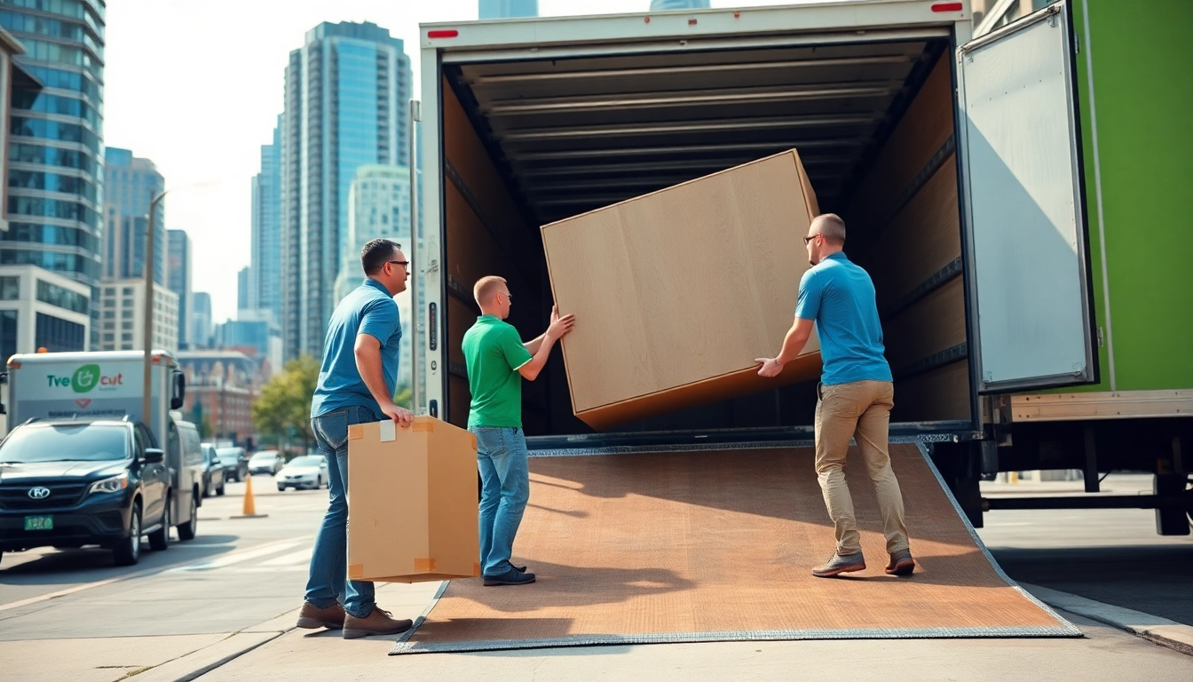 Efficient moving services in Toronto with professional movers loading a truck against a city skyline.