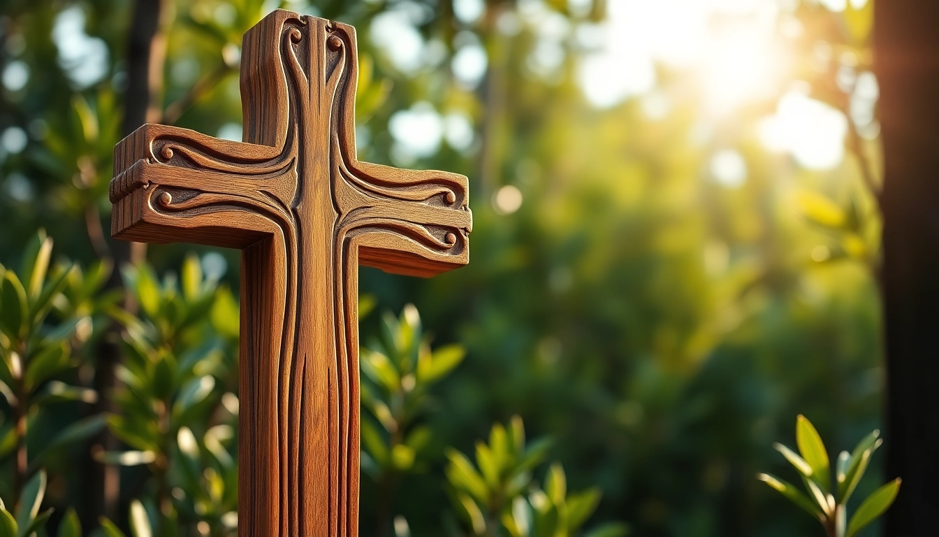 Admire handmade crosses with intricate designs displayed against a serene natural background.