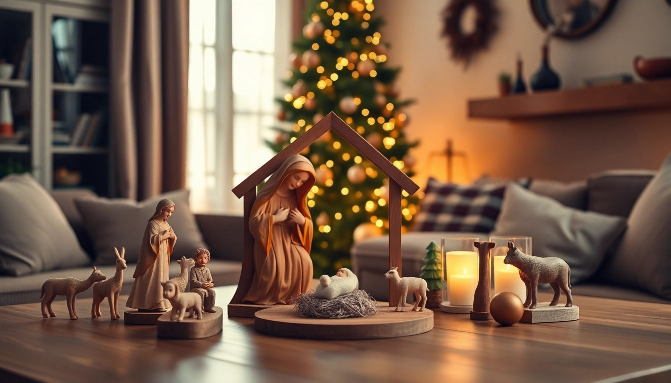 Admire beautiful Nativity sets in a cozy living room setting, showcasing intricate details.