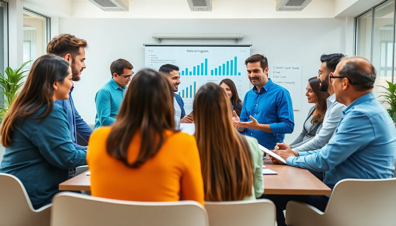 Discussing strategies for maximizing a crypto referral program in a modern office.